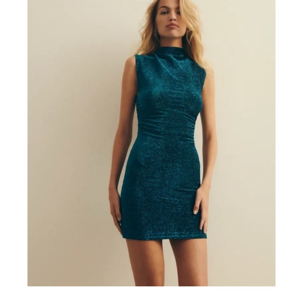 NWOT Reformation Alden Knit Dress in Blue Sparkle Silver Mini Sleeveless